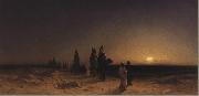 Karl Friedrich Christian Welsch Crossing the Desert at Sunset, oil on canvas